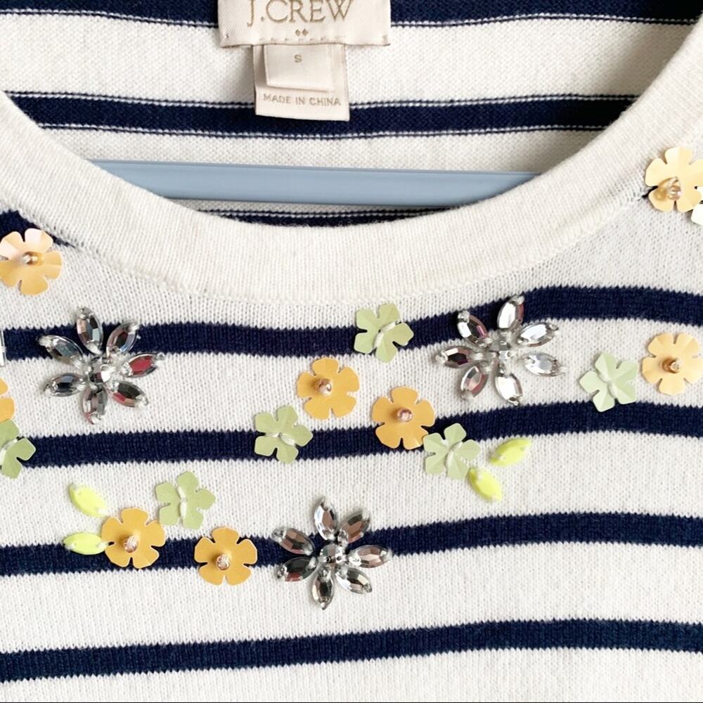 J. Crew Factory Embellished Lightweight T-Shirt Sweater Striped Floral Accent S - Picture 7 of 11
